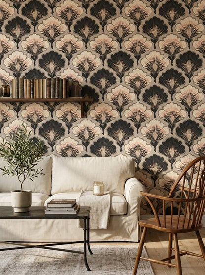 Art Deco Wallpaper Ginkgo Fan Leaves Scalloped Petals Removable Wall Decor