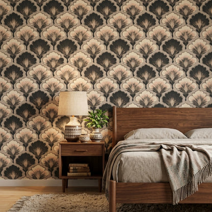 Art Deco Wallpaper Ginkgo Fan Leaves Scalloped Petals Removable Wall Decor