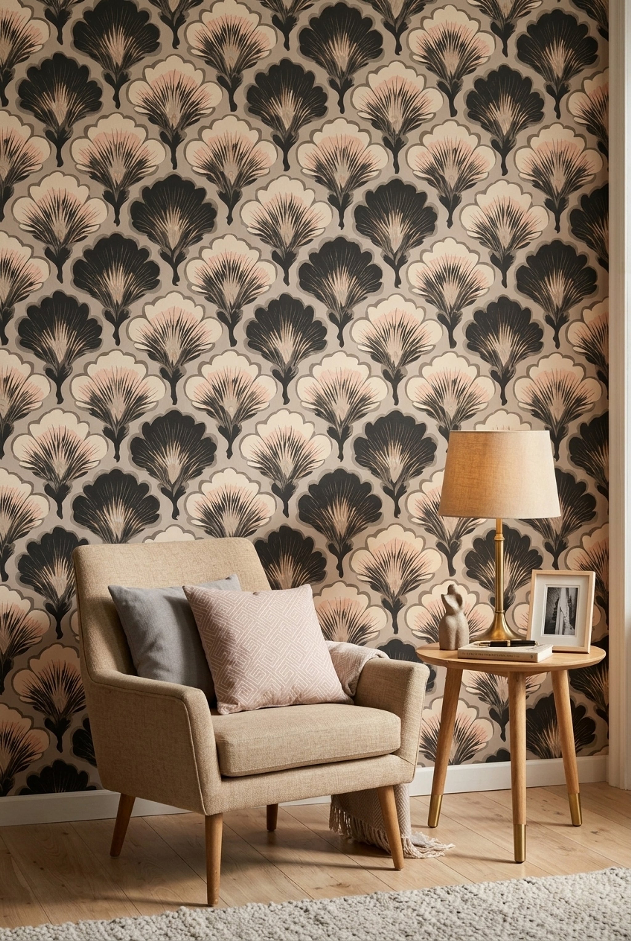 Art Deco Wallpaper Ginkgo Fan Leaves Scalloped Petals Removable Wall Decor