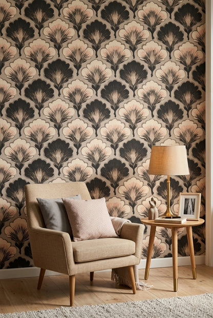 Art Deco Wallpaper Ginkgo Fan Leaves Scalloped Petals Removable Wall Decor