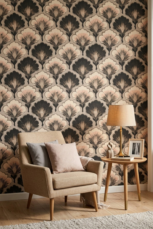 Art Deco Wallpaper Ginkgo Fan Leaves Scalloped Petals Removable Wall Decor