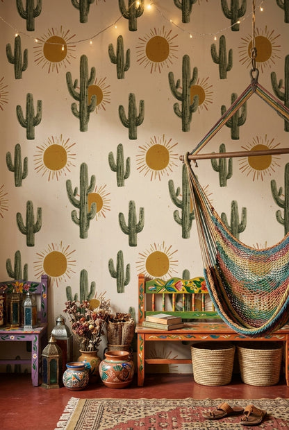 Saguaro Cactus Wallpaper Desert Sunburst Removable Wall Decor