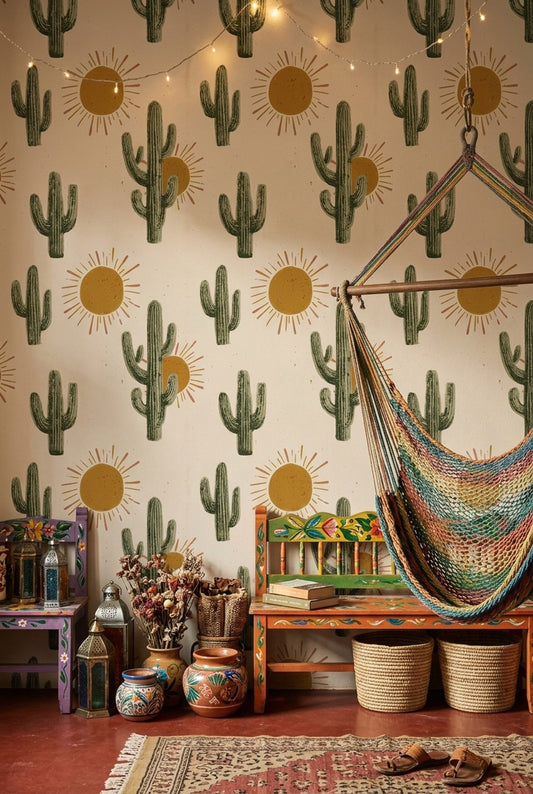 Saguaro Cactus Wallpaper Desert Sunburst Removable Wall Decor