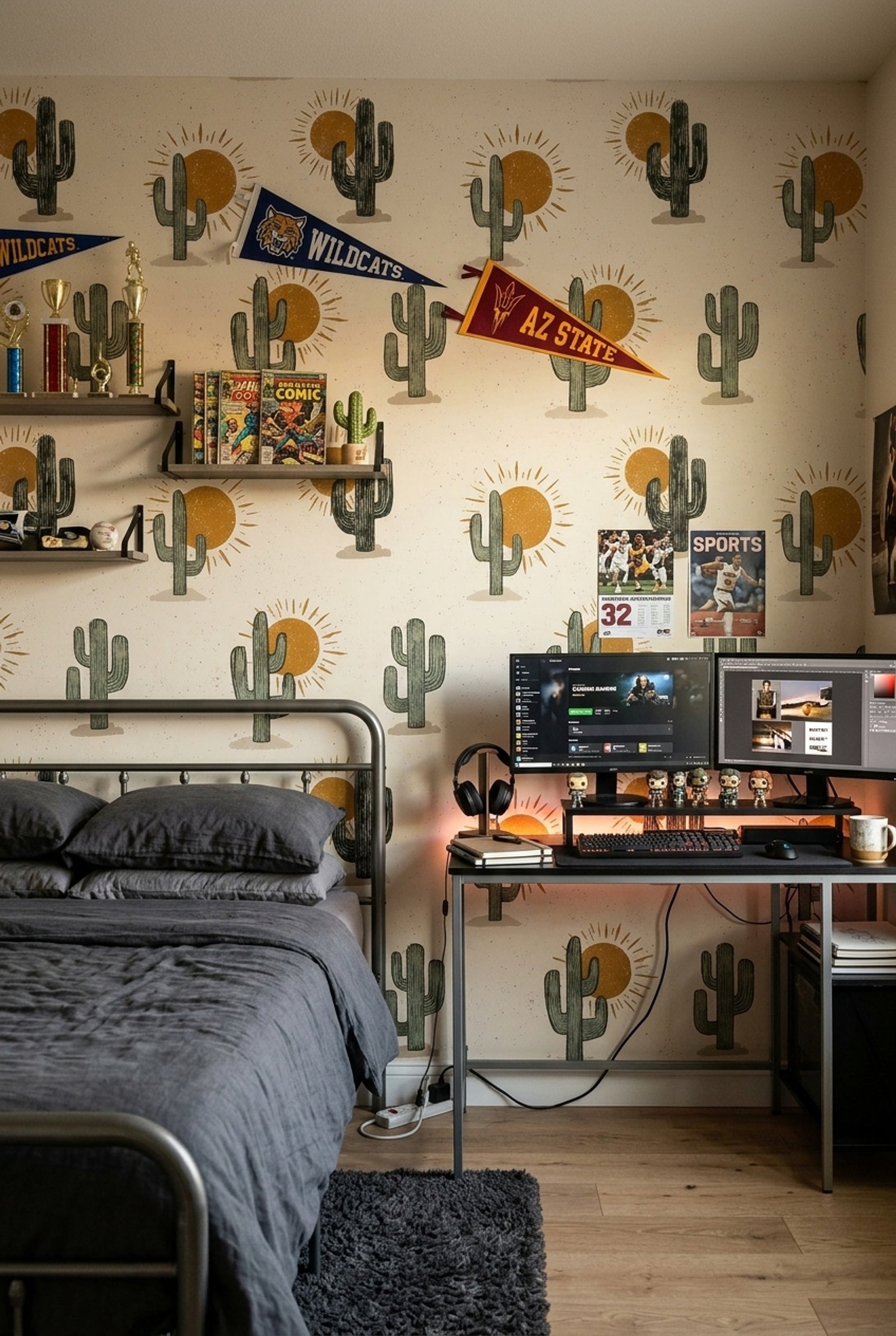 Desert Wallpaper Cactus Sunburst Decorative Mural