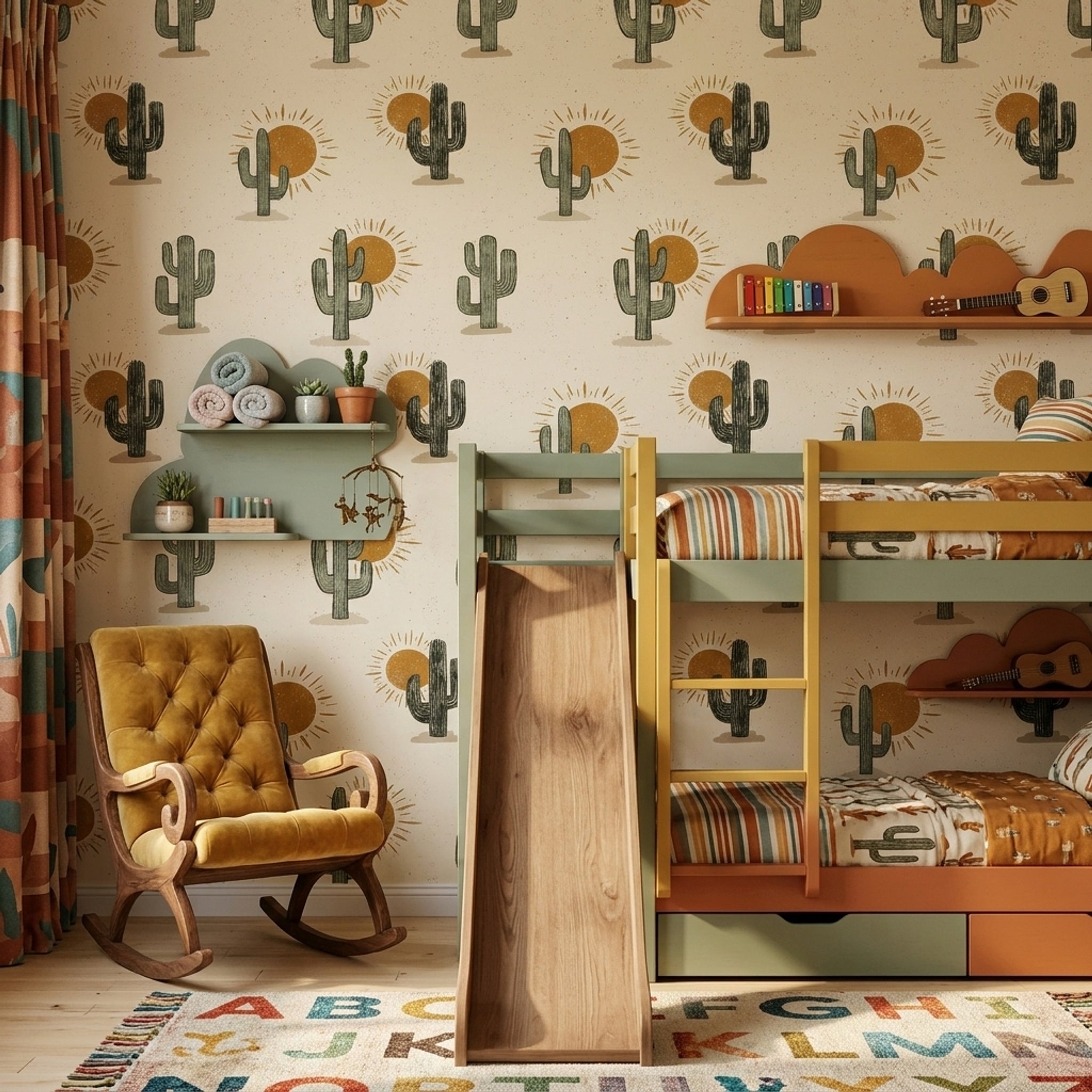 Desert Wallpaper Cactus Sunburst Decorative Mural