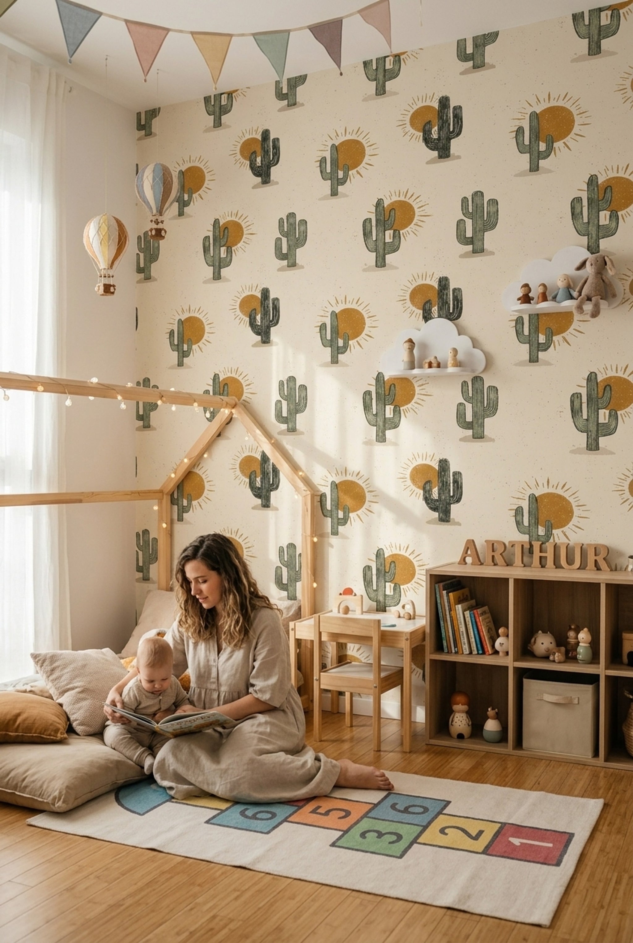 Desert Wallpaper Cactus Sunburst Decorative Mural