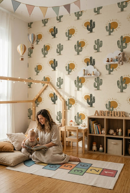 Desert Wallpaper Cactus Sunburst Decorative Mural