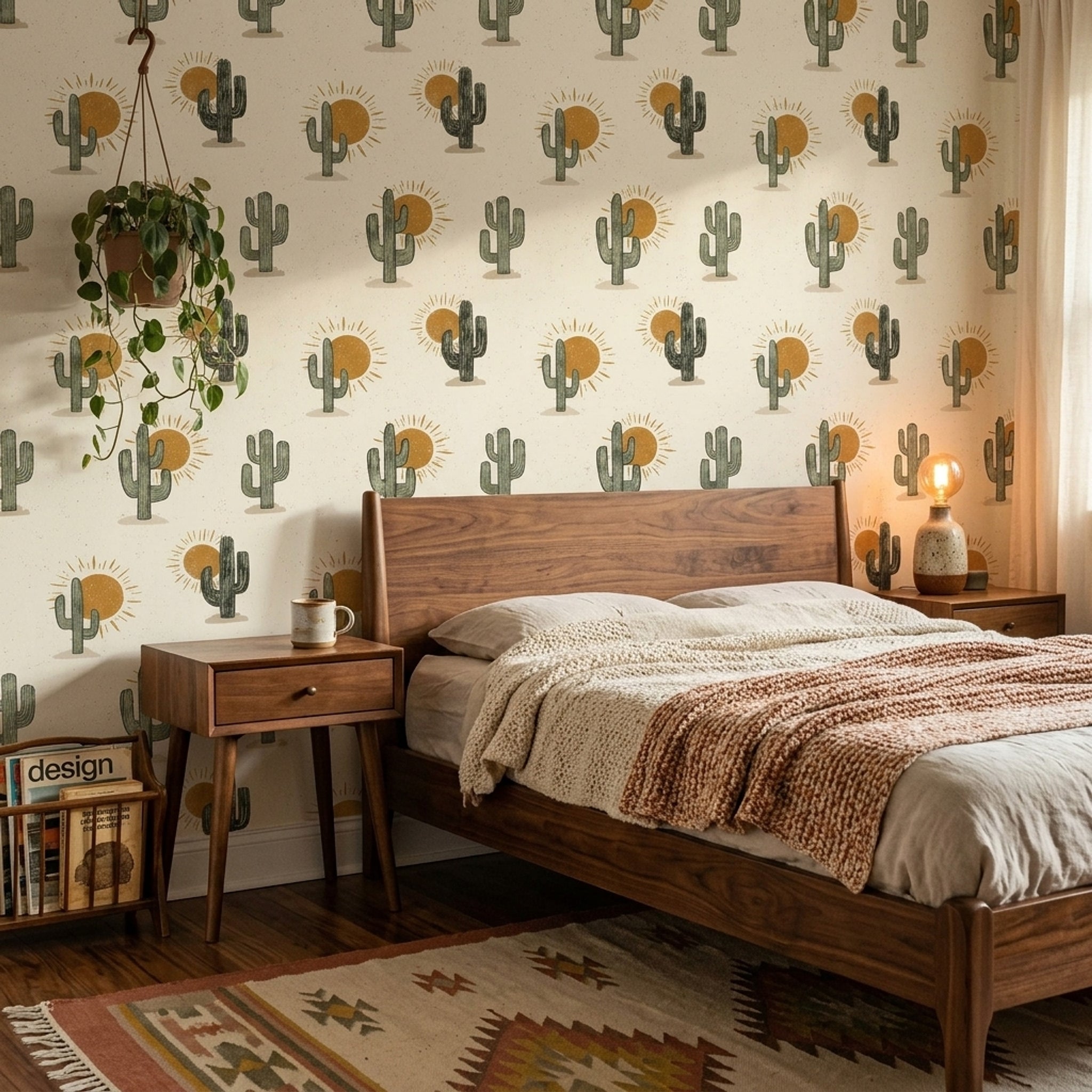 Desert Wallpaper Cactus Sunburst Decorative Mural