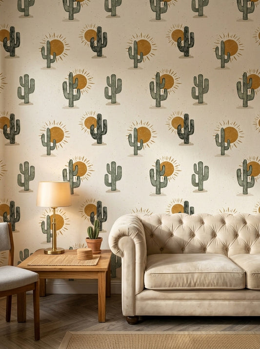 Desert Wallpaper Cactus Sunburst Decorative Mural