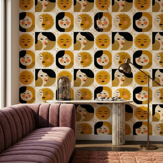 Sun And Moon Wallpaper Celestial Abstract Faces Decorative Mural