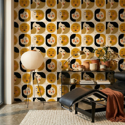 Sun And Moon Wallpaper Celestial Abstract Faces Decorative Mural