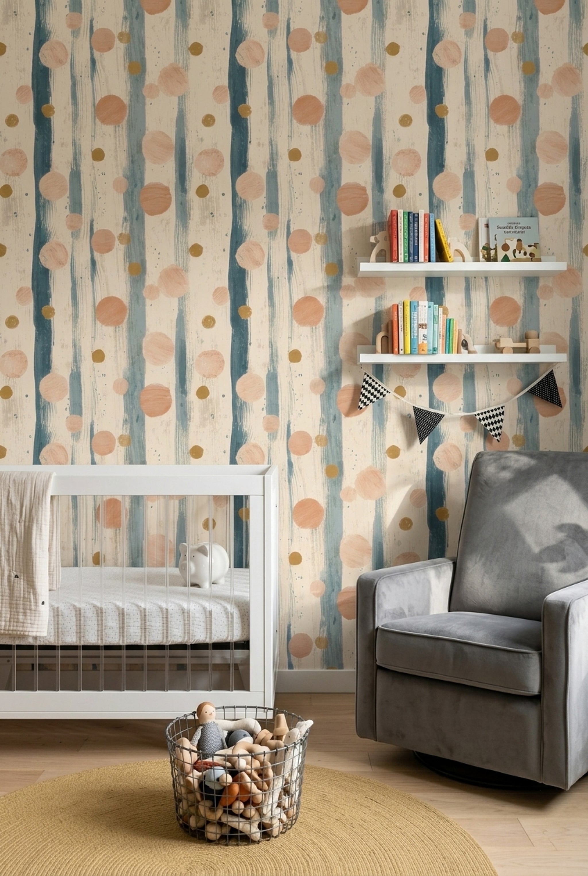 Vertical Brushstrokes Wallpaper Polka Dots Muted Teal Removable Wall Decor