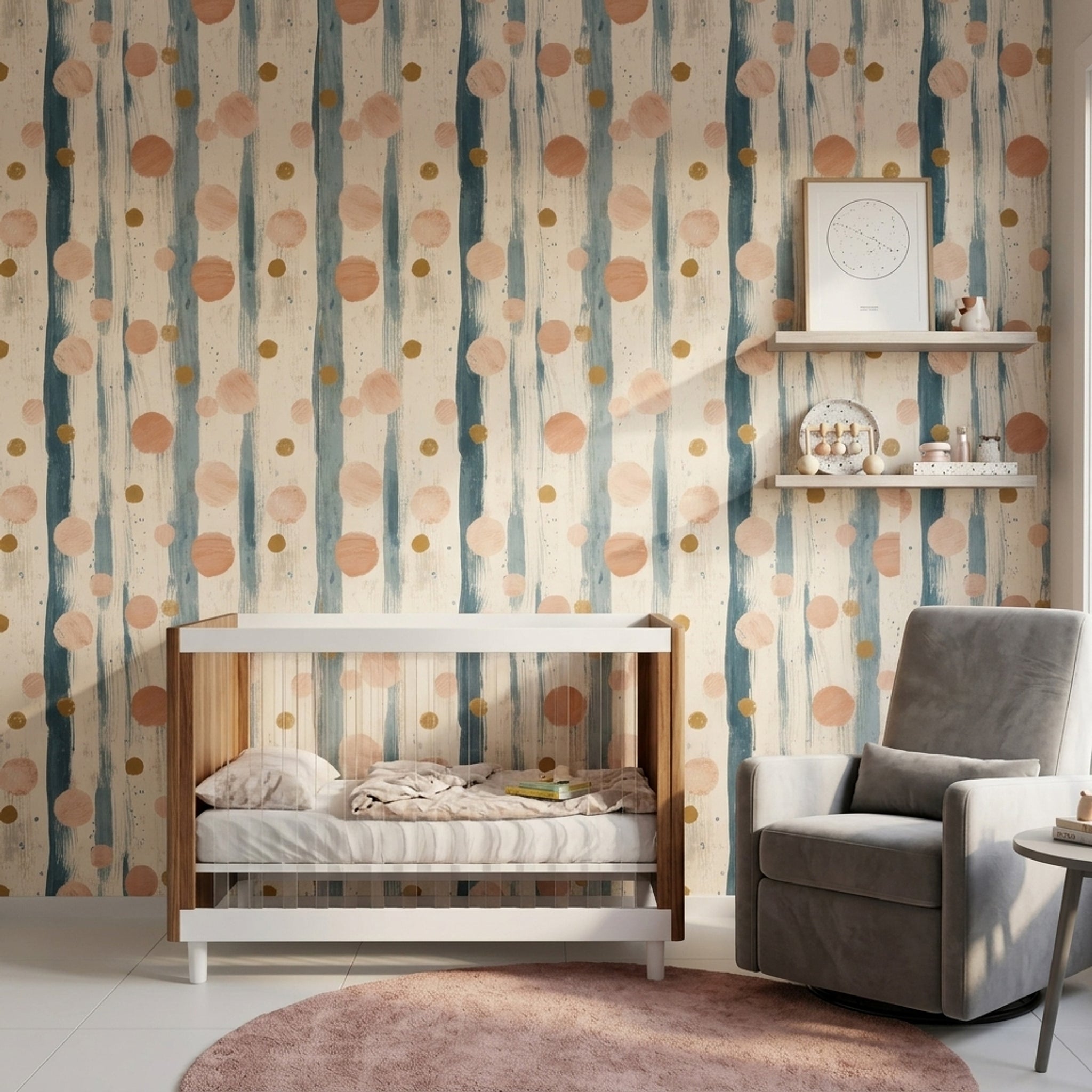 Vertical Brushstrokes Wallpaper Polka Dots Muted Teal Removable Wall Decor