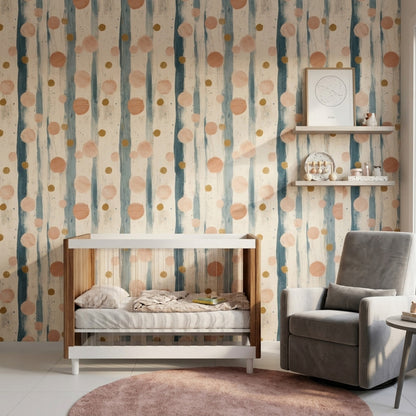 Vertical Brushstrokes Wallpaper Polka Dots Muted Teal Removable Wall Decor