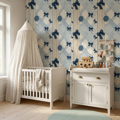 Light Blue Plaid Wallpaper Navy Ribbon Bows Knit Texture Removable Wall Decor