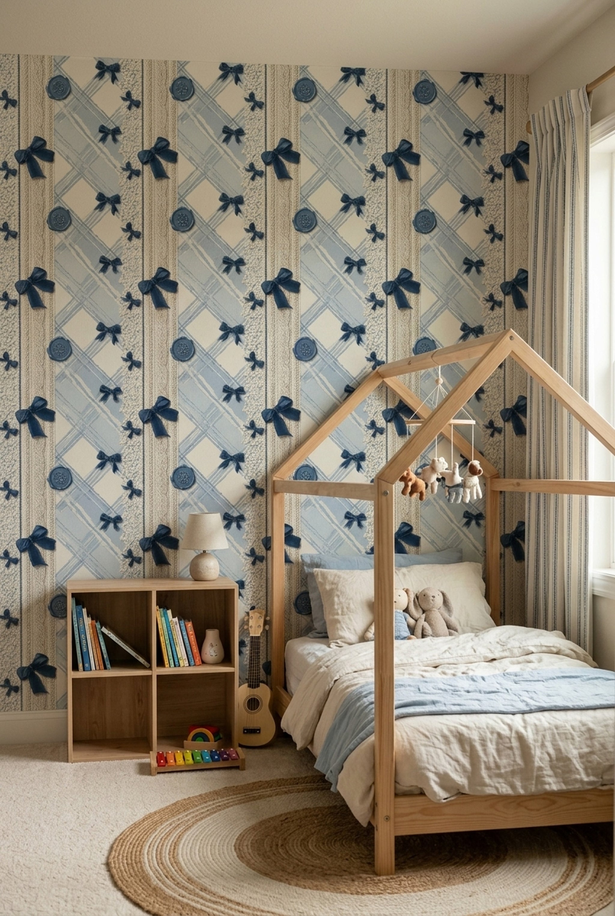 Light Blue Plaid Wallpaper Navy Ribbon Bows Knit Texture Removable Wall Decor