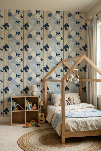Light Blue Plaid Wallpaper Navy Ribbon Bows Knit Texture Removable Wall Decor
