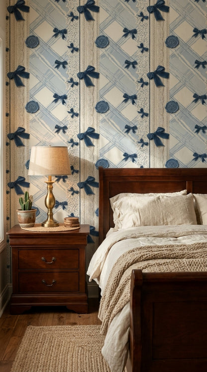 Light Blue Plaid Wallpaper Navy Ribbon Bows Knit Texture Removable Wall Decor