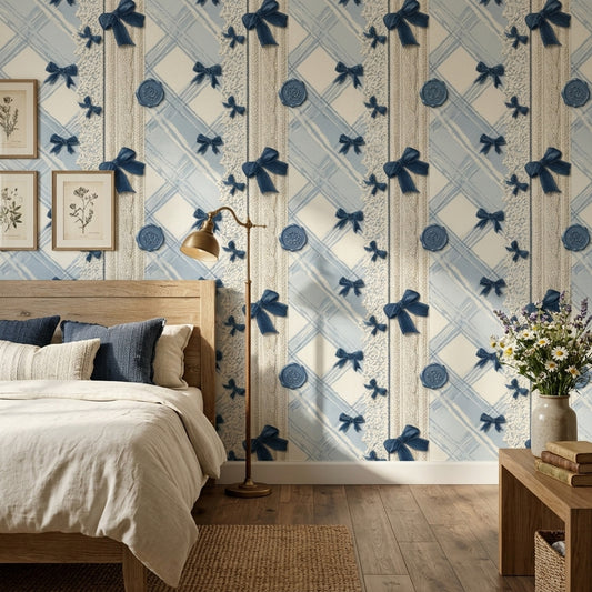 Light Blue Plaid Wallpaper Navy Ribbon Bows Knit Texture Removable Wall Decor