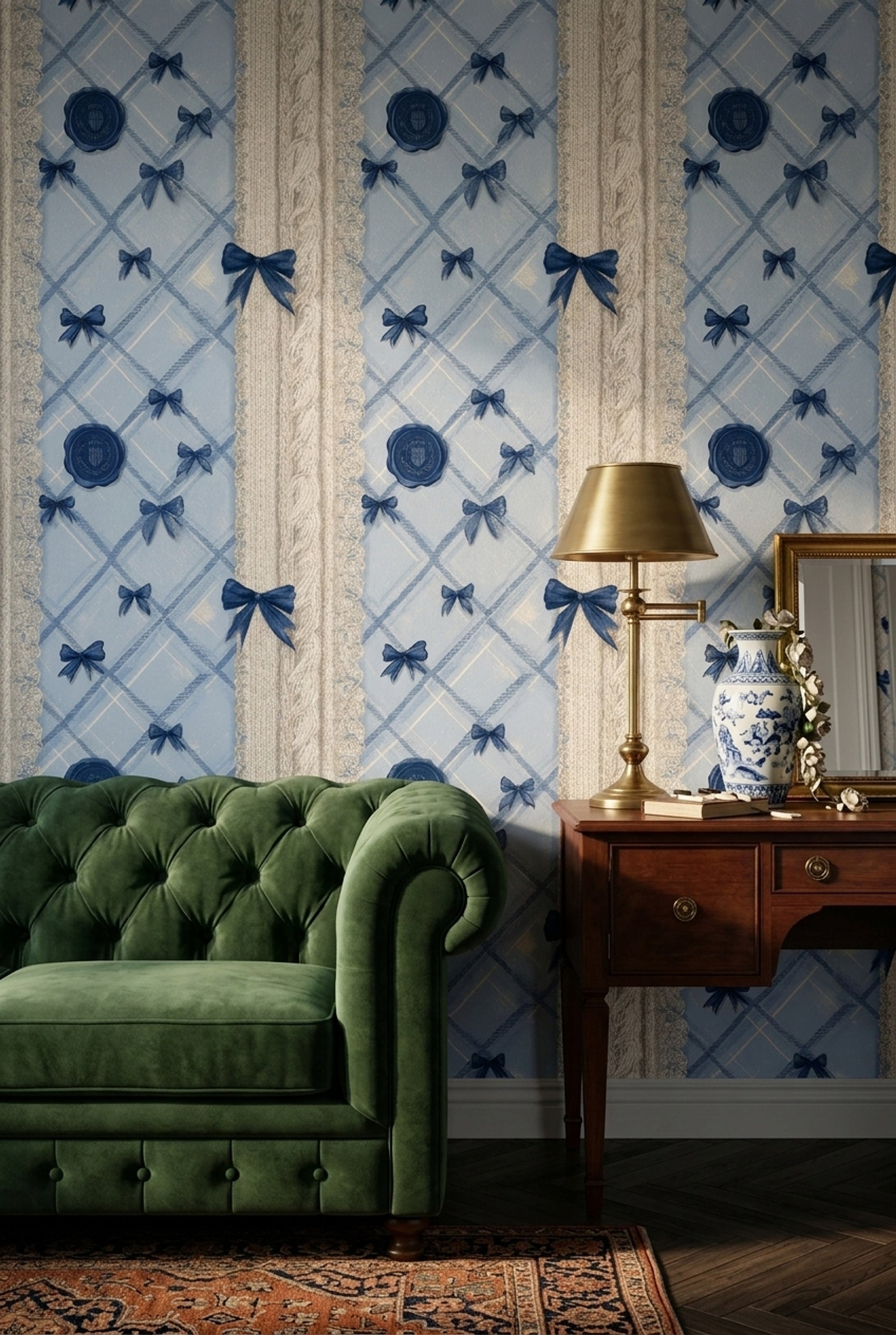 Blue Plaid Wallpaper Argyle Diamonds Navy Ribbon Bows Decorative Mural