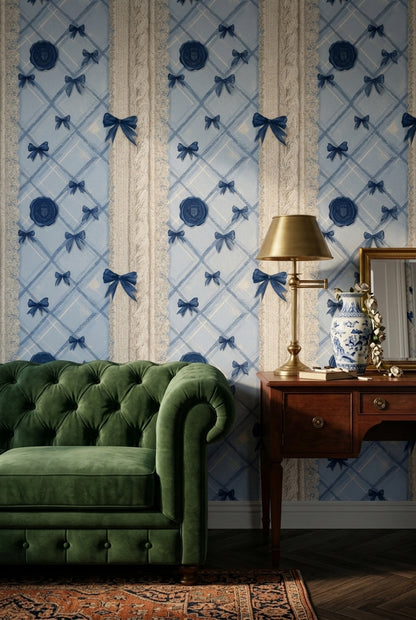 Blue Plaid Wallpaper Argyle Diamonds Navy Ribbon Bows Decorative Mural
