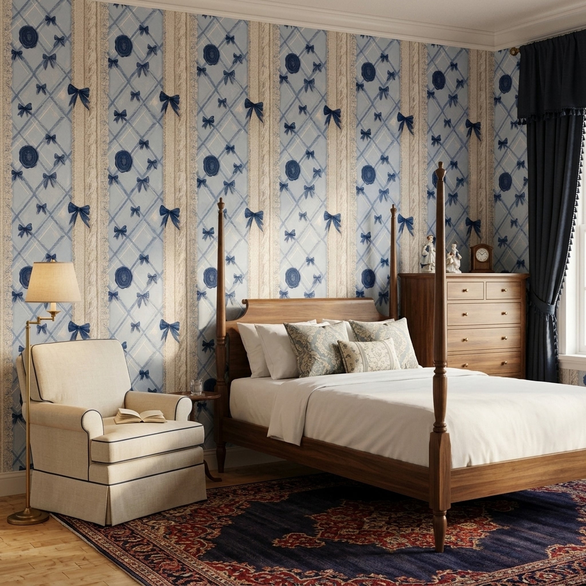 Blue Plaid Wallpaper Argyle Diamonds Navy Ribbon Bows Decorative Mural