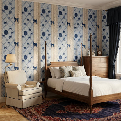Blue Plaid Wallpaper Argyle Diamonds Navy Ribbon Bows Decorative Mural