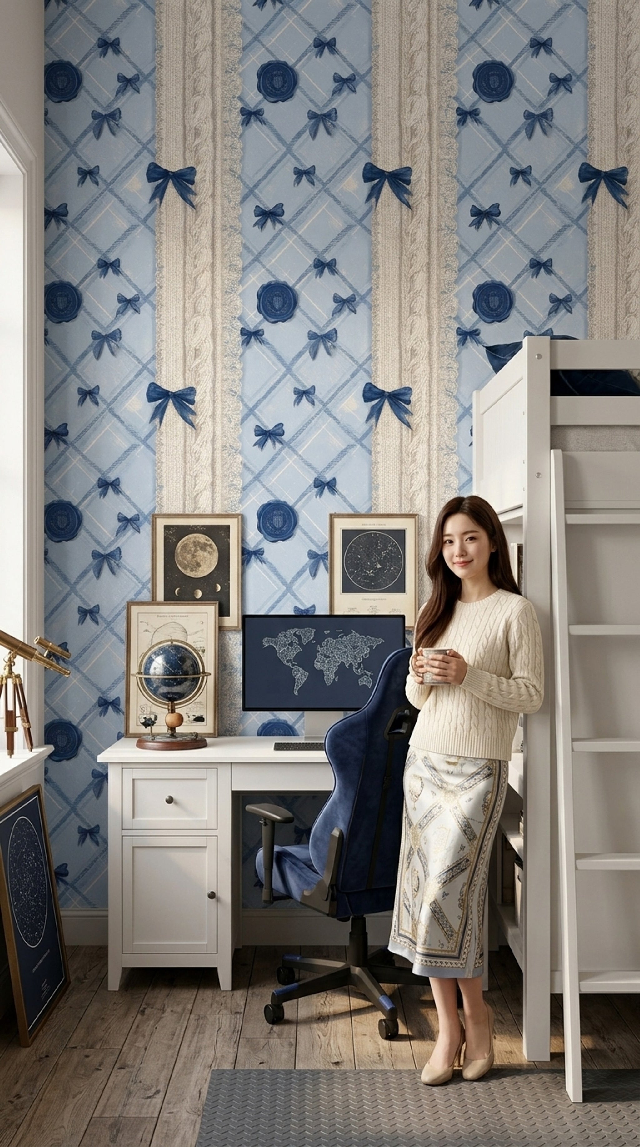 Blue Plaid Wallpaper Argyle Diamonds Navy Ribbon Bows Decorative Mural