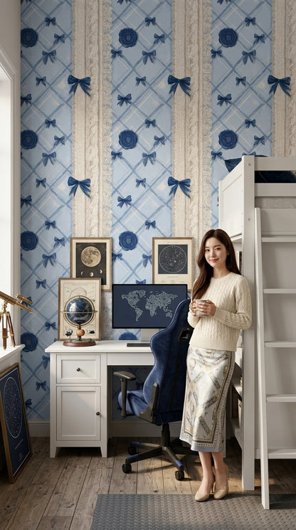 Blue Plaid Wallpaper Argyle Diamonds Navy Ribbon Bows Decorative Mural