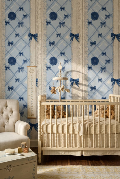 Blue Plaid Wallpaper Argyle Diamonds Navy Ribbon Bows Decorative Mural