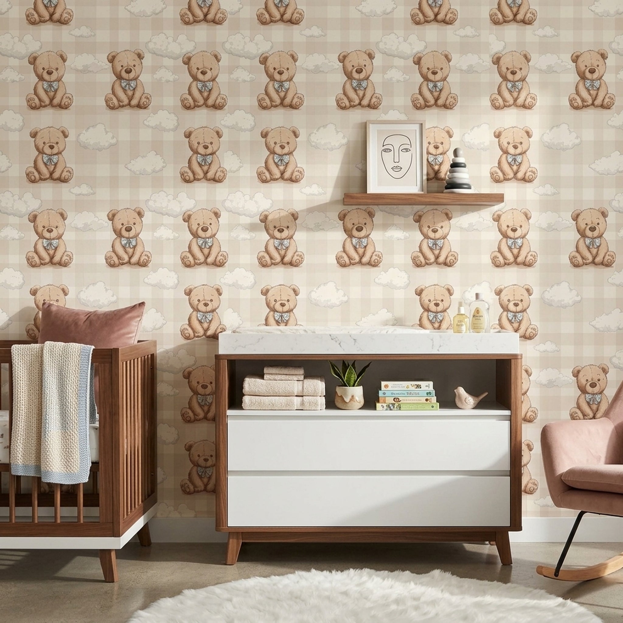 Teddy Bear Wallpaper Nursery Removable Clouds Wall Decor