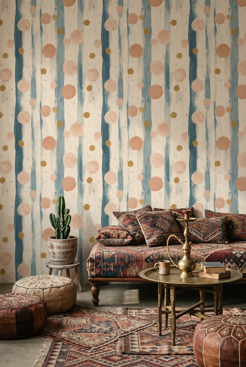 Vertical Brushstrokes Wallpaper Polka Dots Muted Teal Removable Wall Decor