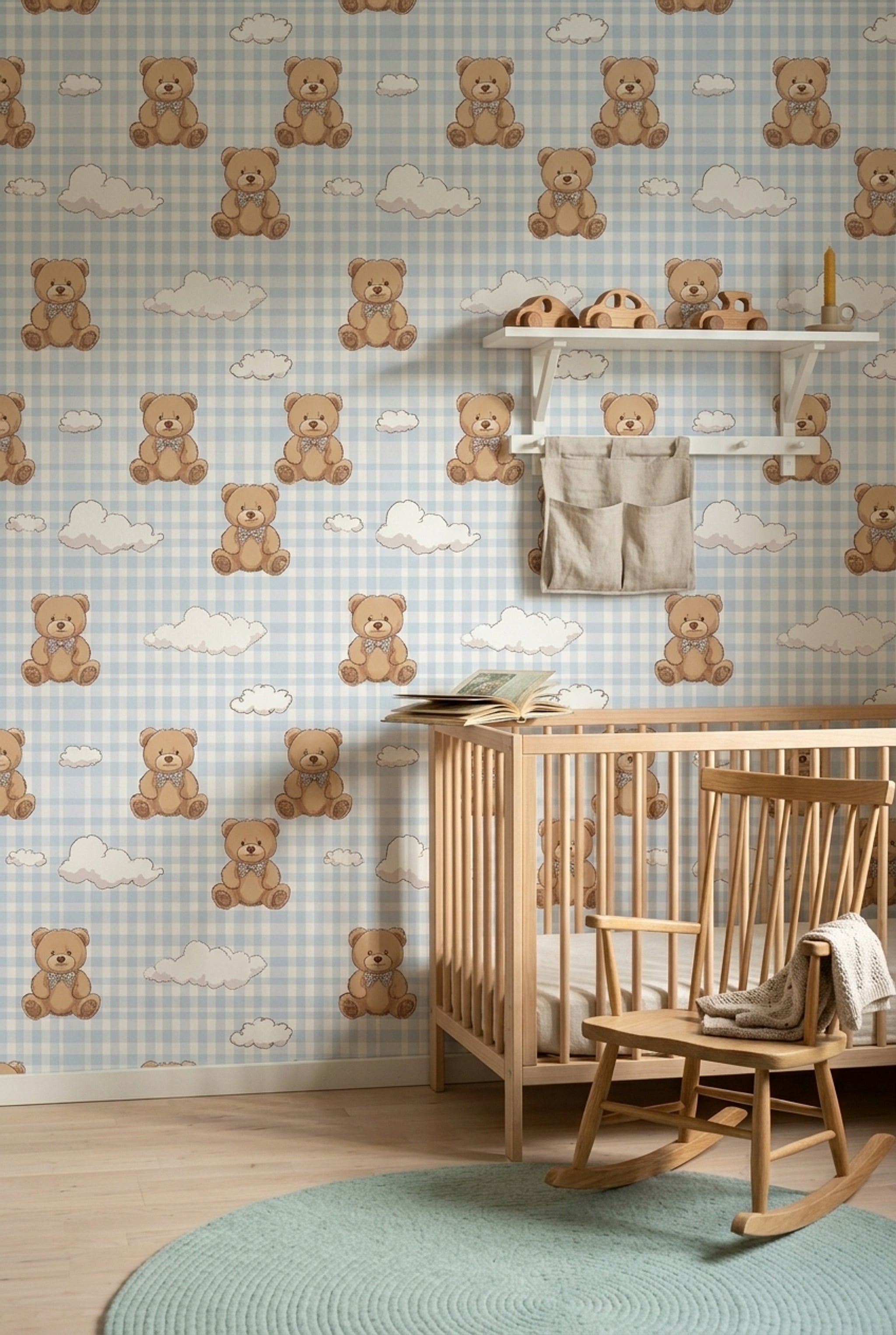 Teddy Bear Wallpaper Nursery Gingham Checkered Removable Wall Decor