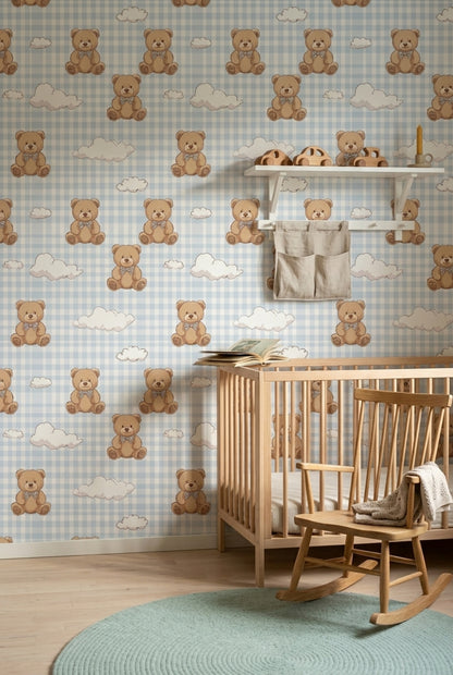Teddy Bear Wallpaper Nursery Gingham Checkered Removable Wall Decor