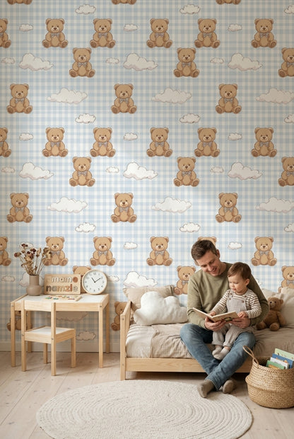 Teddy Bear Wallpaper Nursery Gingham Checkered Removable Wall Decor