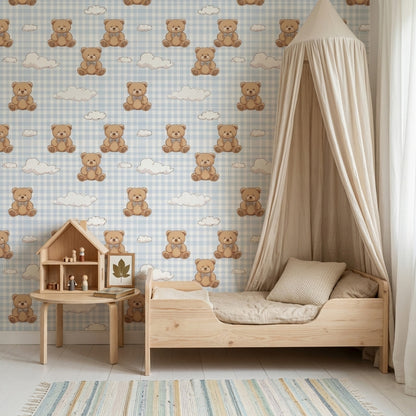 Teddy Bear Wallpaper Nursery Gingham Checkered Removable Wall Decor