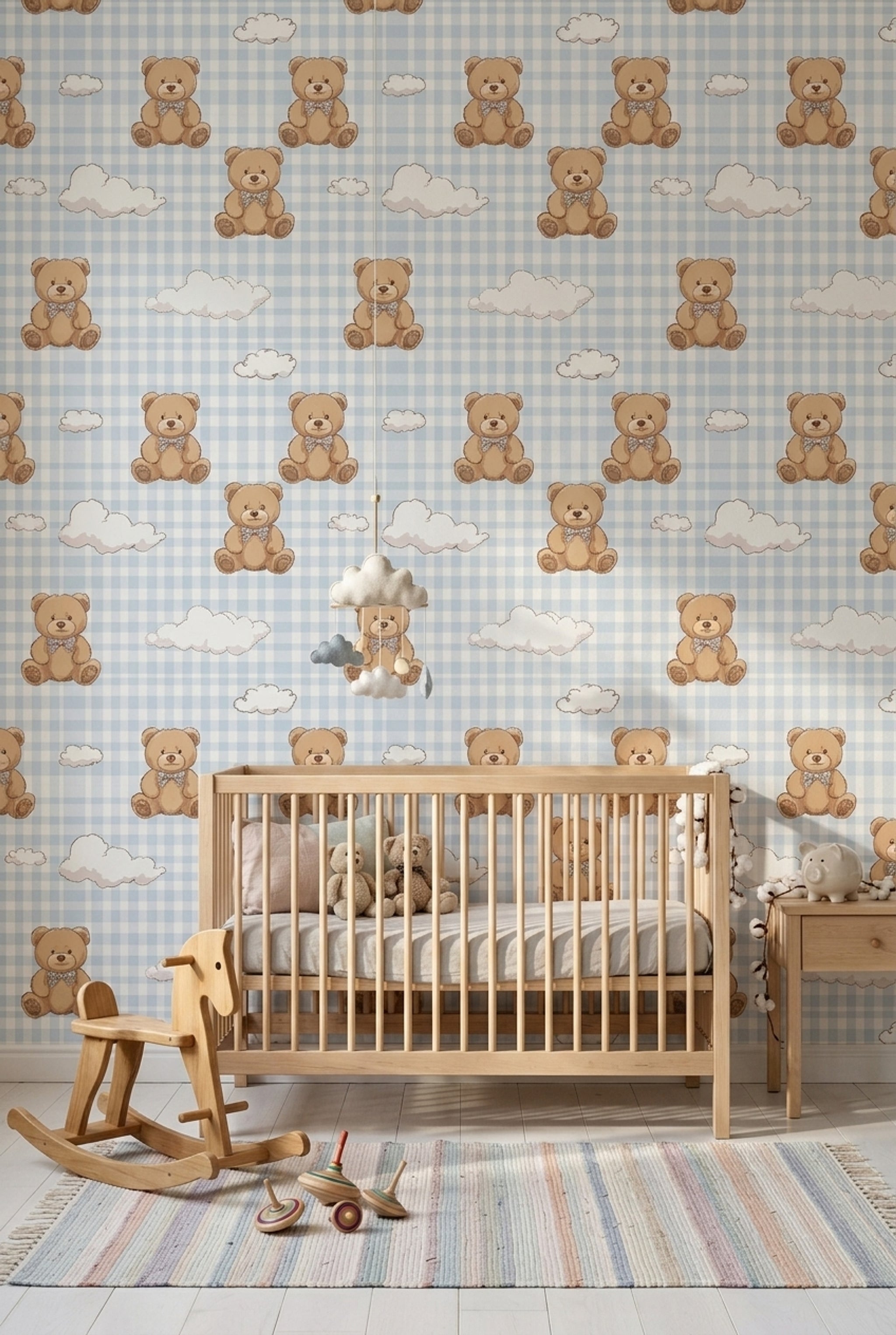 Teddy Bear Wallpaper Nursery Gingham Checkered Removable Wall Decor