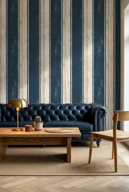 Navy And White Stripes Wallpaper Vertical Wood Planks Shiplap Texture Removable Wall Decor