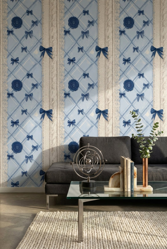Blue Plaid Wallpaper Argyle Diamonds Navy Ribbon Bows Decorative Mural