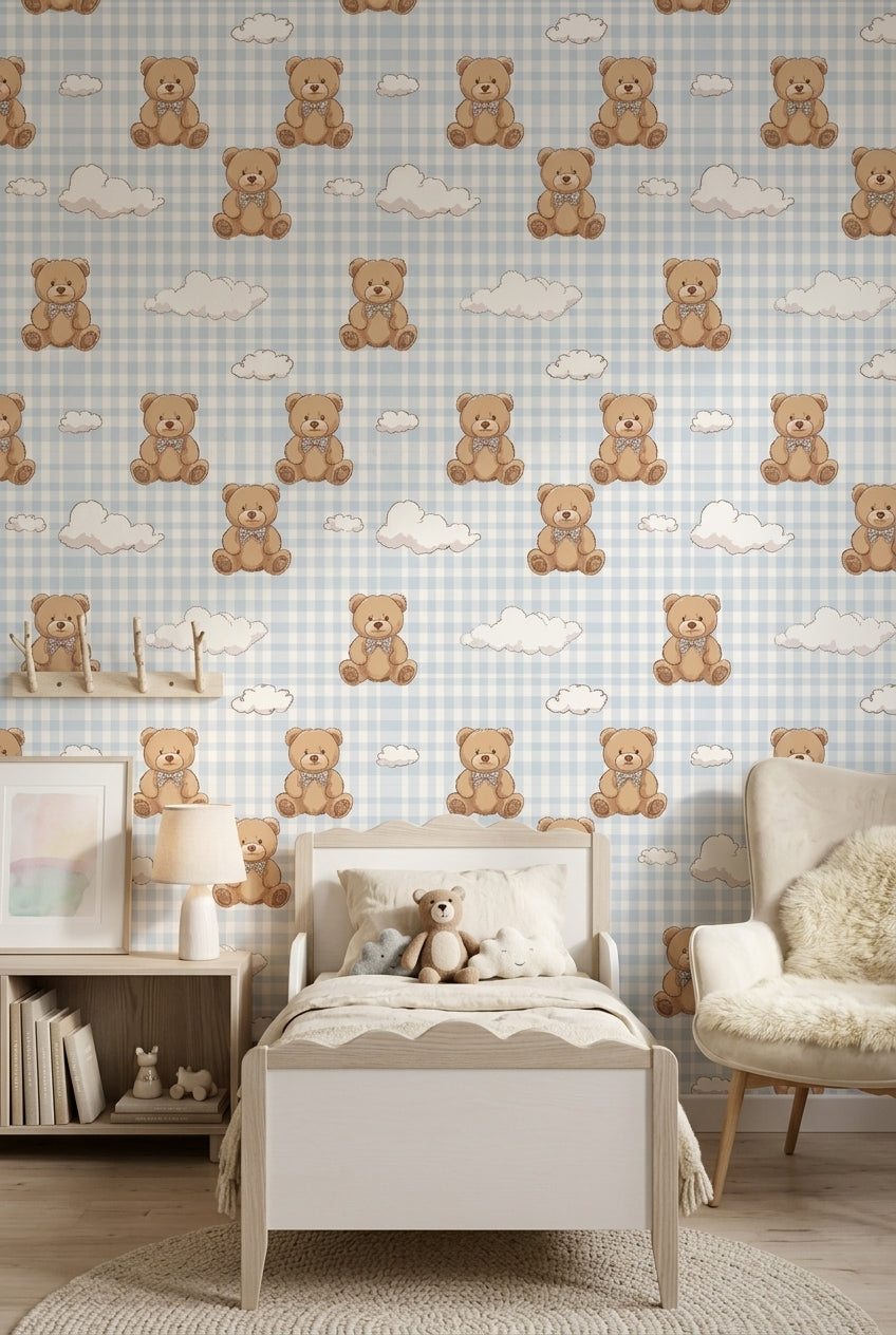 Teddy Bear Wallpaper Nursery Gingham Checkered Removable Wall Decor