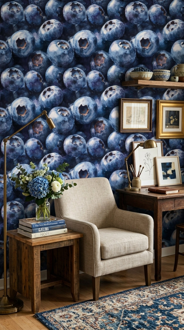 Blueberries Wallpaper Macro Fruit Painterly Texture Decorative Mural
