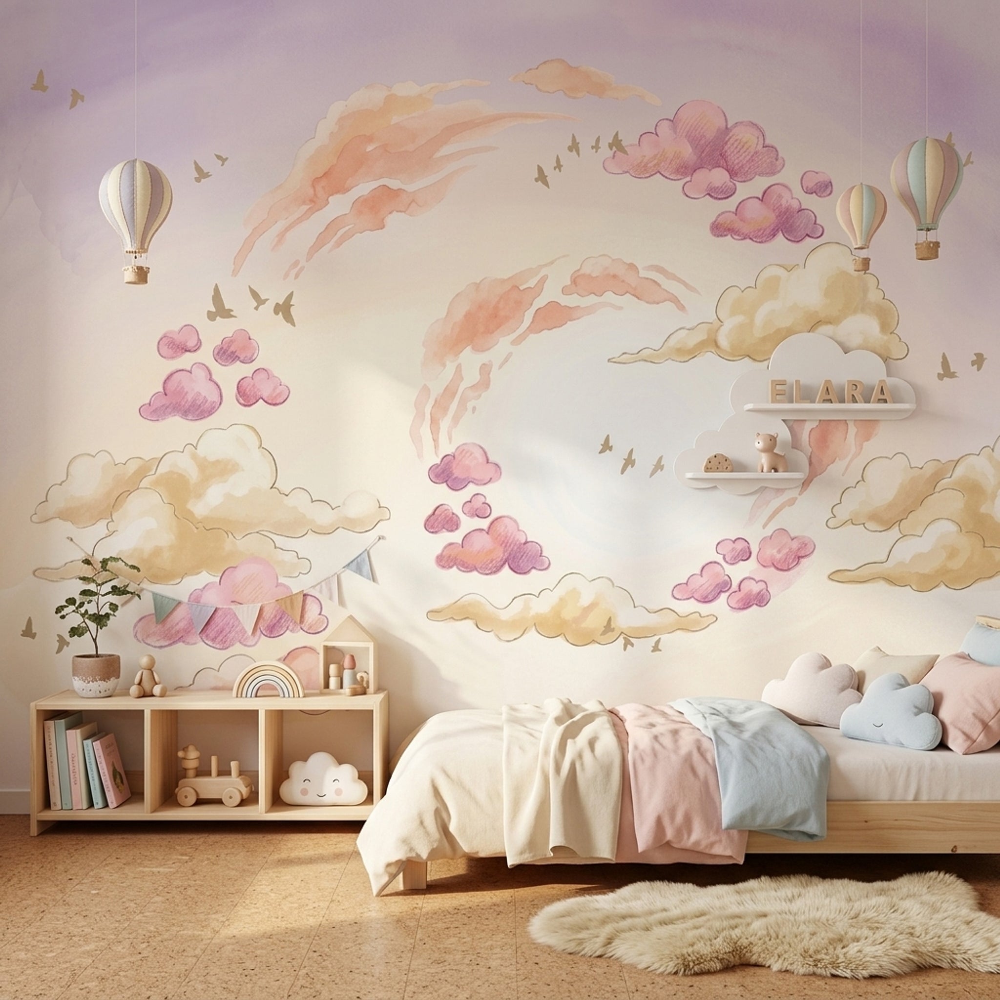 Pastel Sky Wallpaper Watercolor Clouds Birds Silhouettes Wall Mural