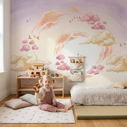 Pastel Sky Wallpaper Watercolor Clouds Birds Silhouettes Wall Mural
