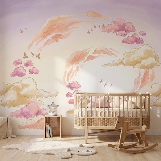 Pastel Sky Wallpaper Watercolor Clouds Birds Silhouettes Wall Mural