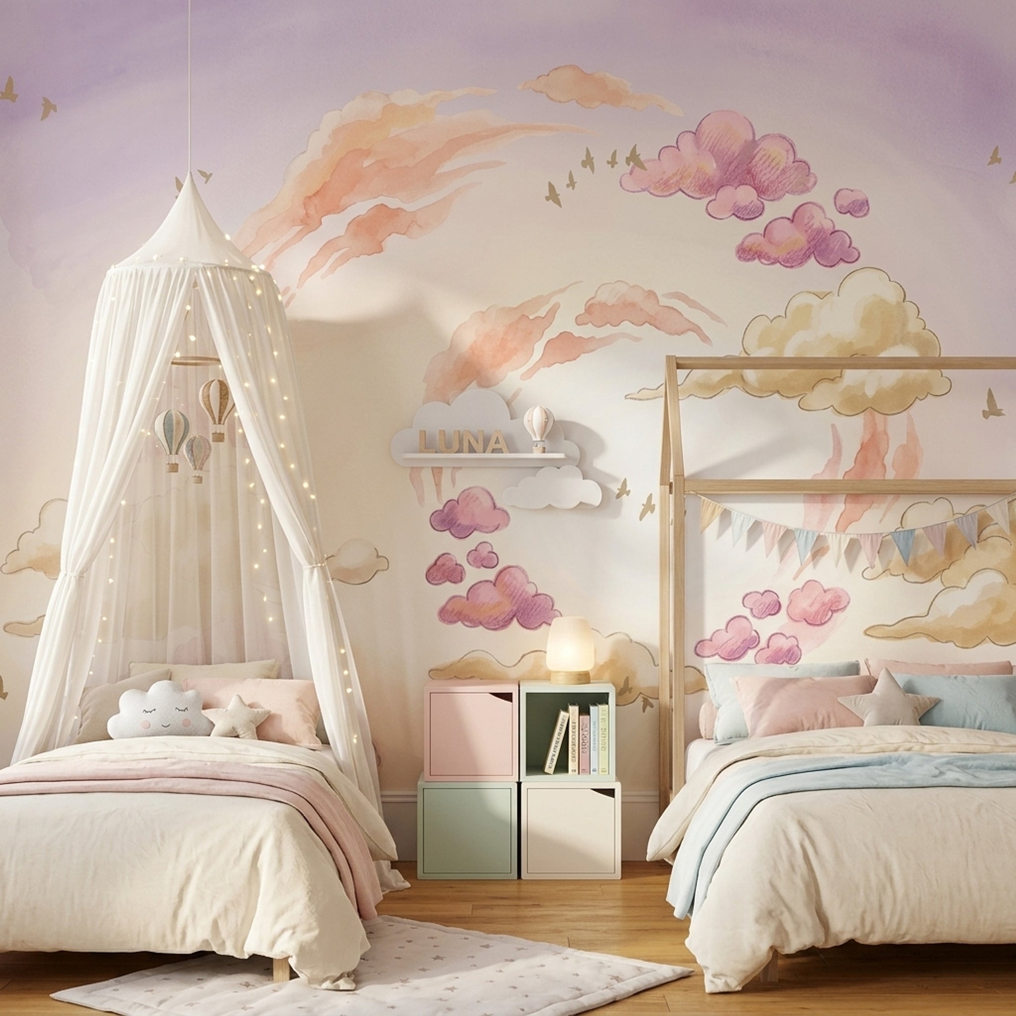 Pastel Sky Wallpaper Watercolor Clouds Birds Silhouettes Wall Mural