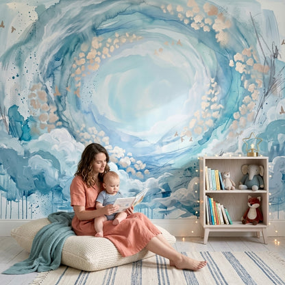 Abstract Cloudscape Wallpaper Watercolor Swirl Removable Blue Sky Vortex Wall Decor