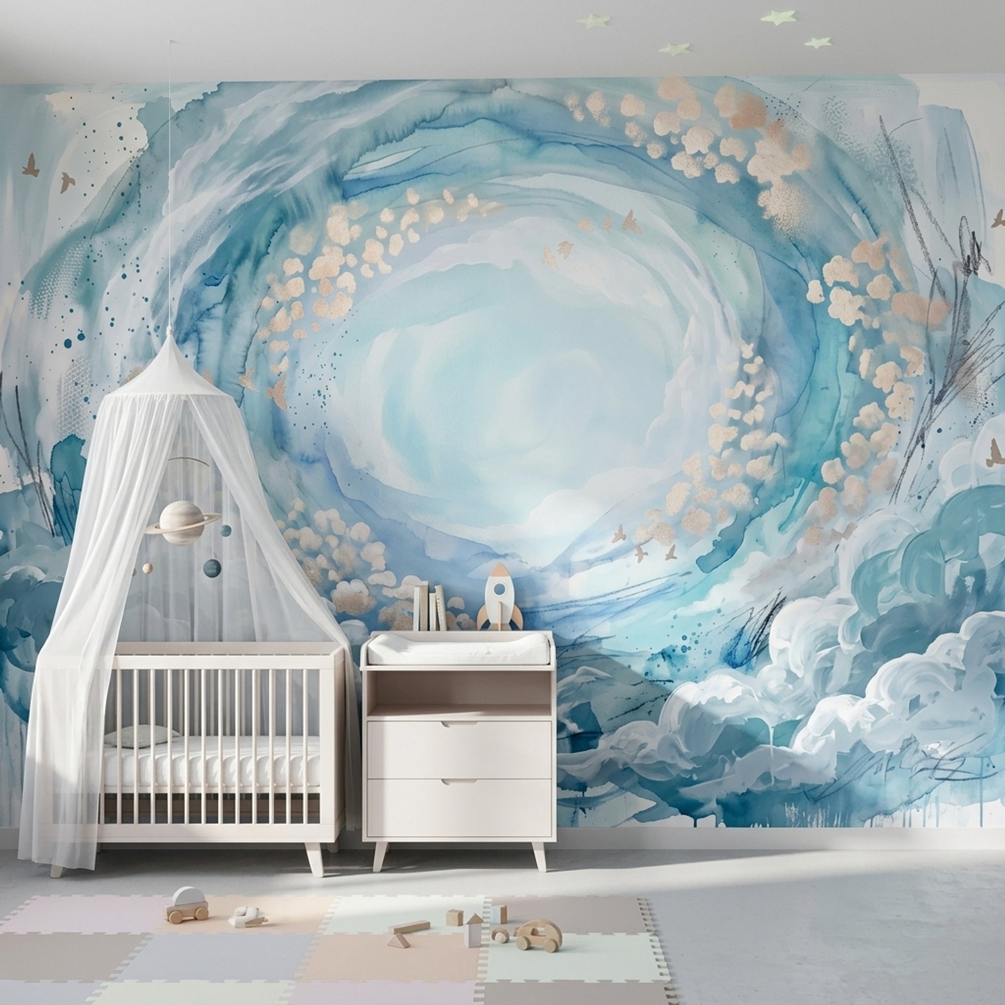 Abstract Cloudscape Wallpaper Watercolor Swirl Removable Blue Sky Vortex Wall Decor