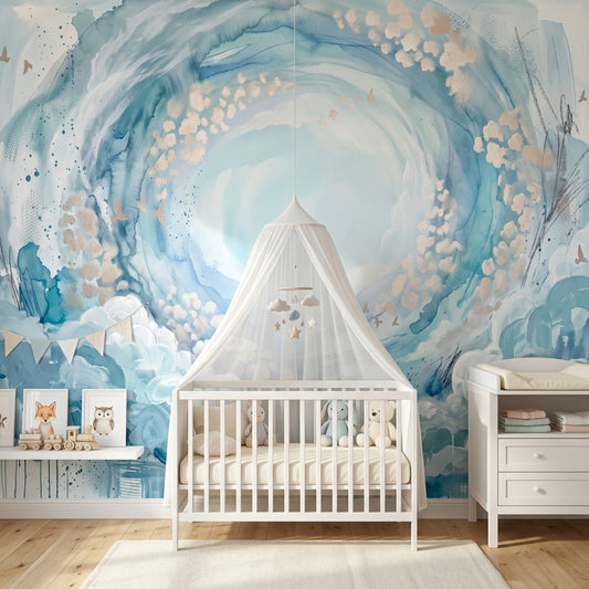 Abstract Cloudscape Wallpaper Watercolor Swirl Removable Blue Sky Vortex Wall Decor