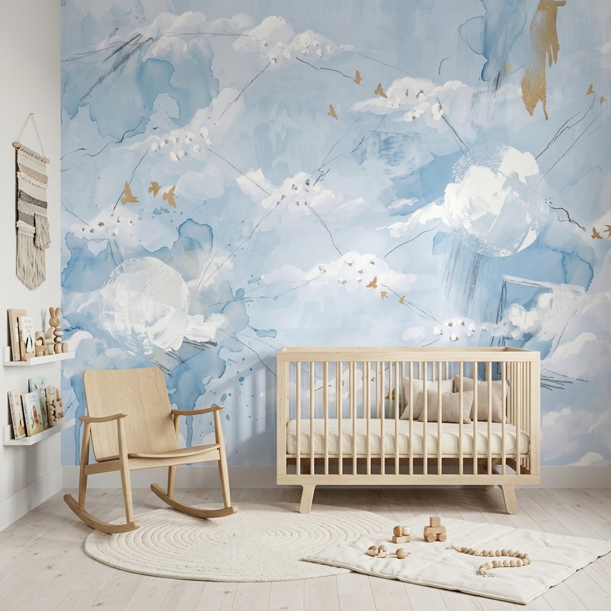Abstract Cloudscape Wallpaper Watercolor Sky Gold Birds Removable Wall Decor