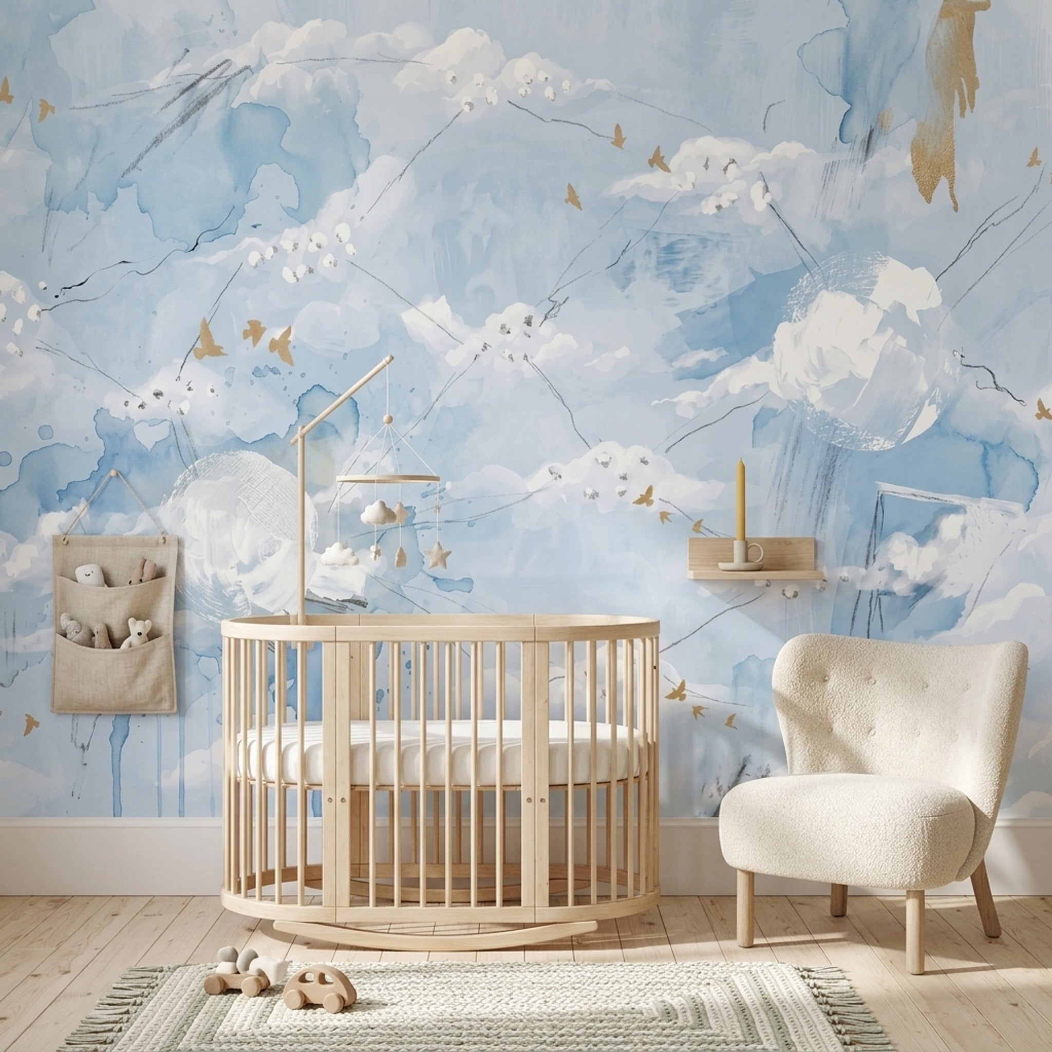 Abstract Cloudscape Wallpaper Watercolor Sky Gold Birds Removable Wall Decor